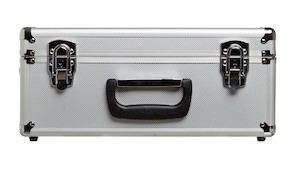 Open aluminum case with rifle